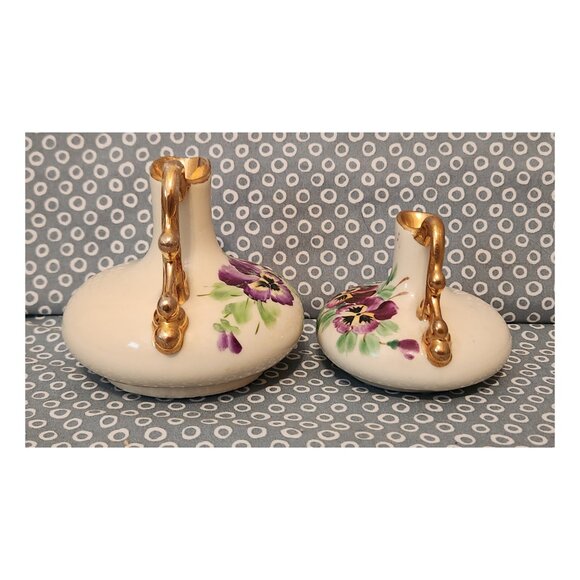 Two ~ Vintage Le Pere Mini Hand Painted Pansy Pitchers/ Vases with Gold Trim - Picture 4 of 11